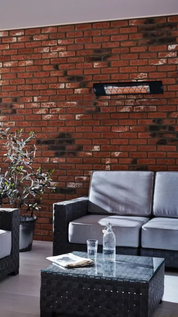 Heatscope Heaters Next 3000W Radiant Heater detail reveals white aluminium slimline electric infrared wall-mounted patio heater.