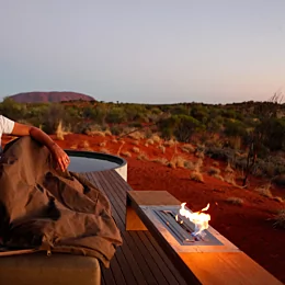 XL700 Ethanol Burner by EcoSmart Fire enhances the Longitude 131° balcony with a sleek brushed chrome finish and clean-burning fuel.