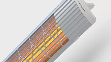 Heatscope Heaters Next 3000W Radiant Heater detail reveals white aluminium slimline electric infrared wall-mounted patio heater.