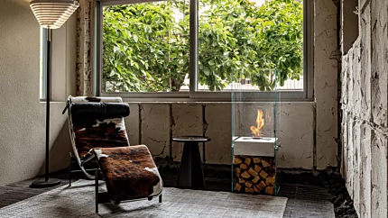 EcoSmart Fire Ghost Designer Fireplace showcases transparent bioethanol flame in Seouchon Architecture Hub living room.