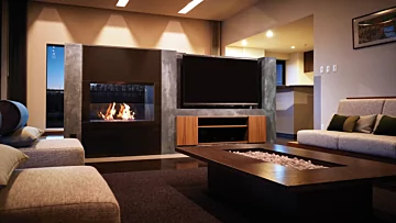 EcoSmart Fire Flex 42DB Fireplace delivers ventless double-sided bioethanol flames in Nozomi Views indoor living lounge.