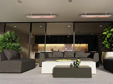 Heatscope Vision 3200W Radiant Heater mounted above patio seating in a private residence, delivering discreet electric warmth.