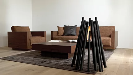 EcoSmart Fire Stix Fire Pit brings a modern portable fireplace feature to the living room of this private residence in Japan.