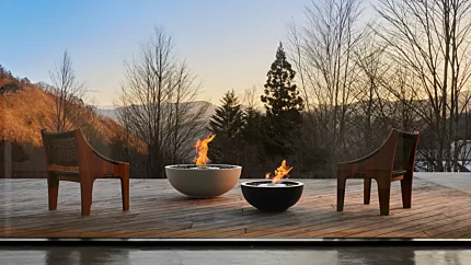 EcoSmart Fire Mix Series Fire Pit creates a contemporary focal point in this private residence outdoor patio with clean ethanol flames.