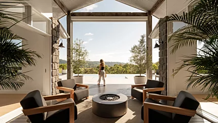 EcoSmart Fire Ark 40 Fire Table delivers elegant outdoor heating and ambience to Beau Ciel Property with clean-burning ethanol.