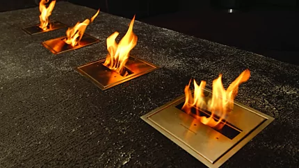 EcoSmart Fire BK5 ethanol burner insert delivers ventless bioethanol flame strip along Long Room Bar indoor hospitality counter.