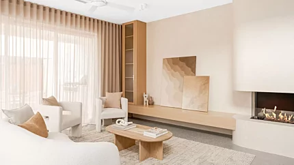 EcoSmart Fire’s Flex 32LC Fireplace creates a stylish focal point for Layà Villas Villa A with eco-friendly ethanol fuel.