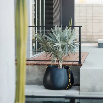 Blinde Design Stitch 75 Planter adds graphite concrete elegance to Starfire patio deck, enhancing modern outdoor landscaping.