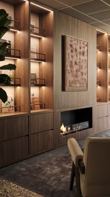EcoSmart Fire Flex 50SS Fireplace enhances the McGrath Real Estate lobby in Sydney with sleek built-in ethanol heating for stylish commercial interiors.