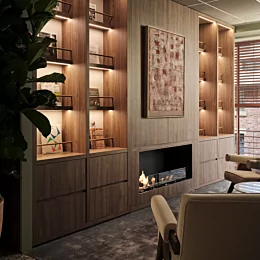 EcoSmart Fire Flex 50SS Fireplace enhances the McGrath Real Estate lobby in Sydney with sleek built-in ethanol heating for stylish commercial interiors.