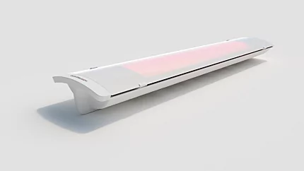 Heatscope Heaters Pure 3000W Radiant Heater detail CGI shows ceramic glass electric infrared panel with wall‑mount design.